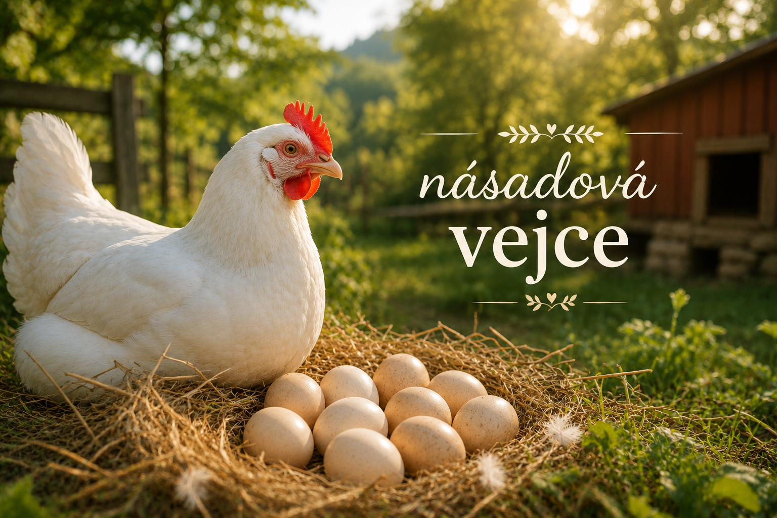 Slepice u hnízda s násadovými slepičími vejci na farmě