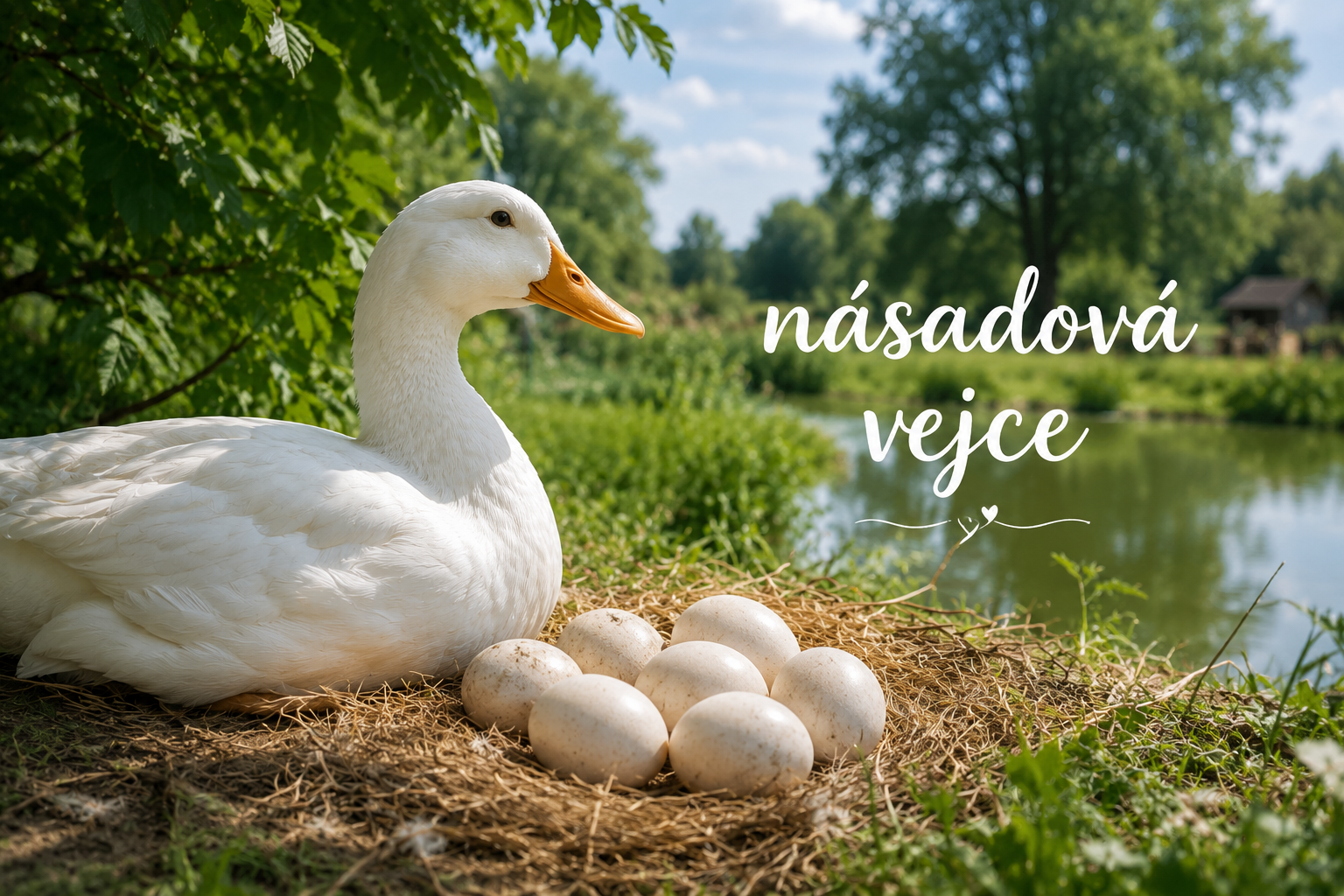 Bílá kachna u hnízda s násadovými kachními vejci v přírodě